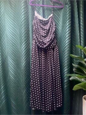 Black Polka Dot Satin Slip Dress with Lace Trim